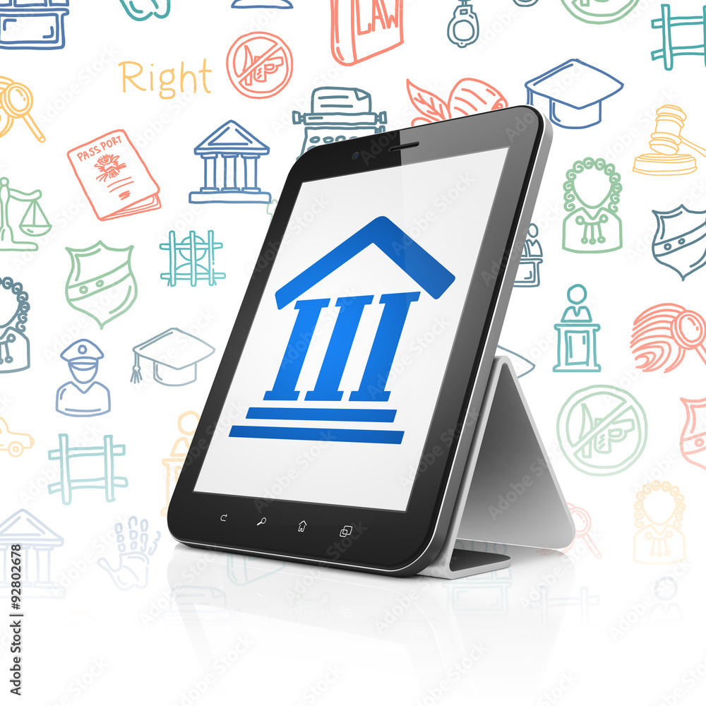 Poster law concept: tablet computer with courthouse on display