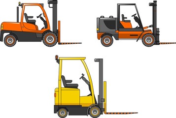 Forklifts. Heavy construction machines. Vector illustration