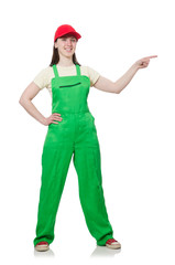 Female worker wearing coverall isolated on white