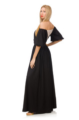 Naklejka premium Tall woman in long black dress isolated on white