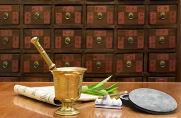 Plexiglas foto achterwand Traditional Chinese medicine pharmacy with a brass mortar and fresh herb and ancient medicine book © Yü Lan