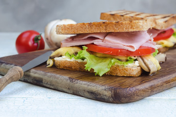 Tasty healthy sandwiches at white wooden table. Rustic style.