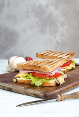 Tasty healthy sandwiches at white wooden table. Rustic style.