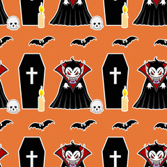 Vampire seamless pattern 4. Vampire man cartoon character in a predatory pose with coffin, flying bats, candle and skull
