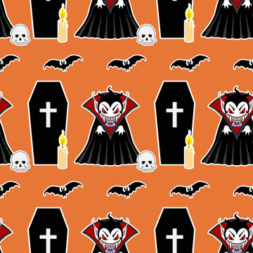 Vampire seamless pattern 4. Vampire man cartoon character in a predatory pose with coffin, flying bats, candle and skull
