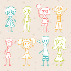 Collection of happy children. Hand drawn cartoon happy kids