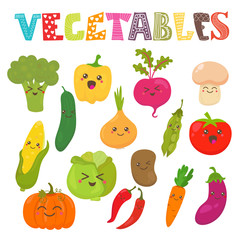 Cute kawaii smiling vegetables. Healthy style collection