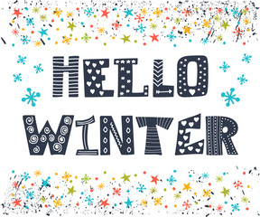 Hello Winter greeting card. Winter concept card. Cute postcard w