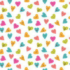 Seamless pattern with funny smiley hearts. Cute cartoon characte