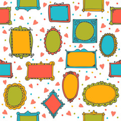 Seamless pattern with hand drawn sketchy doodle frames. Cute bac