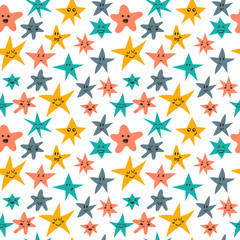 Vector seamless pattern with cute smiley stars. Abstract colorfu