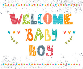 Welcome baby boy. Baby boy arrival postcard. Baby boy cute showe