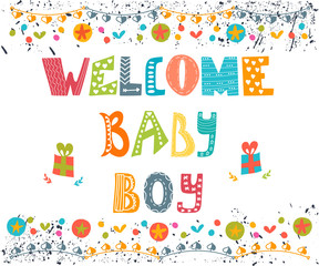 Welcome baby boy. Baby boy arrival postcard. Baby boy shower car