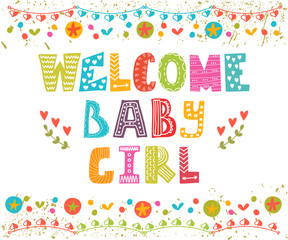 Welcome baby girl. Baby girl arrival card. Baby girl cute shower