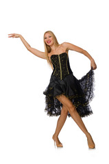 Naklejka premium Blond hair girl in black evening dress isolated on white