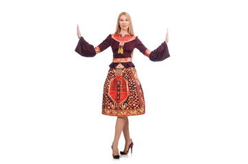 Fototapeta premium Woman in dress with oriental prints isolated on white