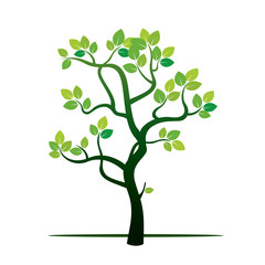 Spring Tree and Green Leafs. Vector Illustration.