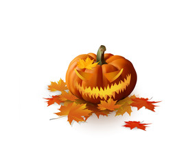 Halloween pumpkin isolated on white with dried leaves