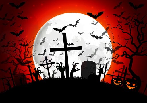 Halloween grave on full moon  background pumpkin hand and bats