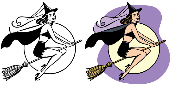 Sexy witch flying on broomstick