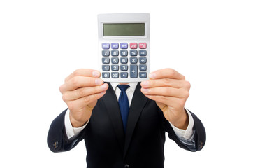Man with calculator isolated on white