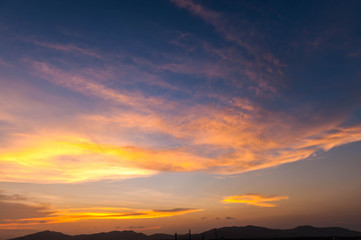 Sky, Bright Blue, Orange And Yellow Colors Sunset. Instant Photo, Toned Image