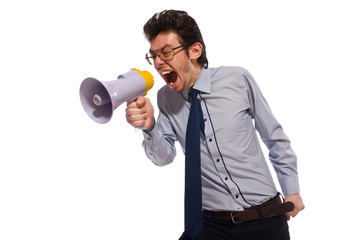 Young employee with loudspeaker isolated on white