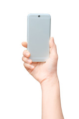 Selfie with mobile smart phone Isolated on white background