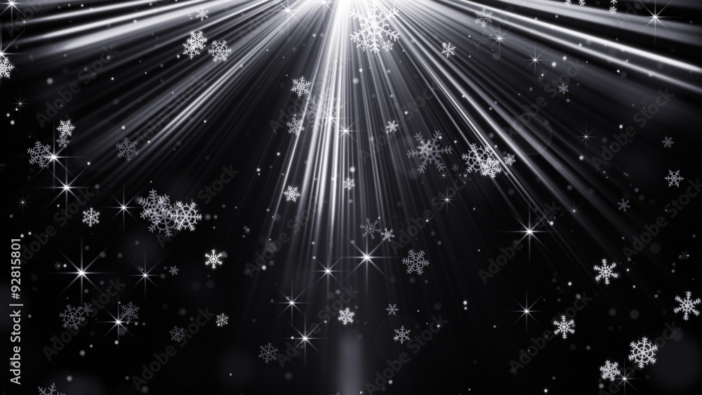 Poster snowfall in light rays on black abstract background