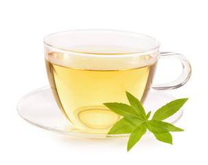 Lemon verbena tea and leaves isolated.
