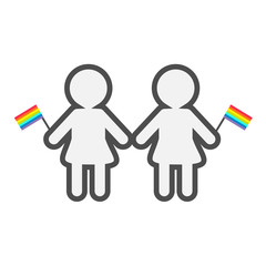 Gay marriage Pride symbol Two contour women with rainbow flags LGBT icon Flat design