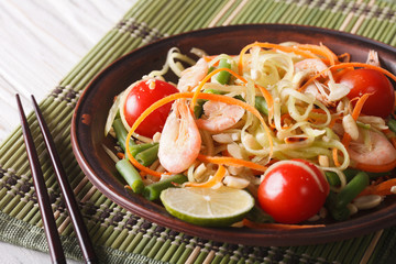 Thai papaya salad with shrimp close-up on a plate. horizontal
