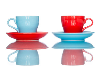 enjoy multiple colorful coffee cup mug on reflection table