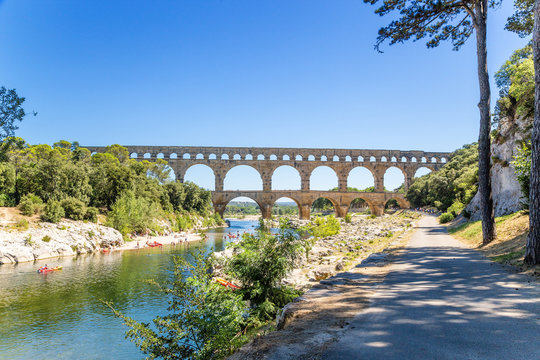 Landscape with aqueduct Pont du Gard, France. Aqueduct is included in the UNESCO World Heritage List