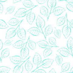 Seamless floral pattern with bright blue leaves on the branches painted on a white background