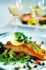 Grilled Salmon Fillet Vegetables Glass White Wine Concept
