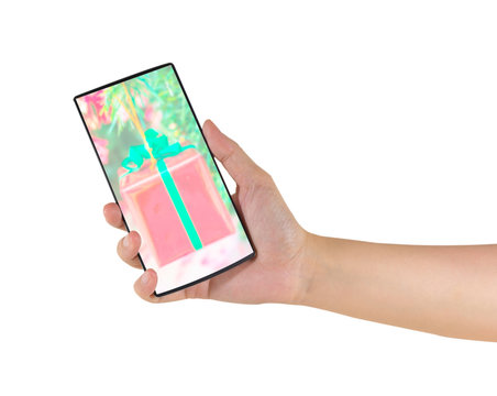 image of female hand is holding a modern touch screen smart phon