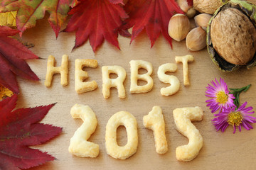 Herbst 2015 in Schrift mit Ahornblättern, Astern und Nüssen 