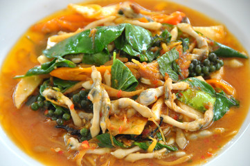 razor clam stir fry in dish white 