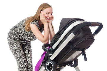 Happy mom with her baby in pram