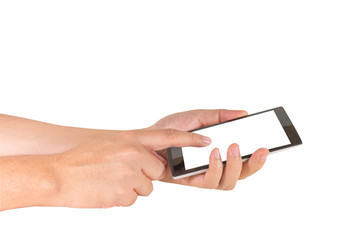 image of  male hand is holding a modern touch screen smart phone