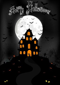 Halloween background with scary house on the full moon