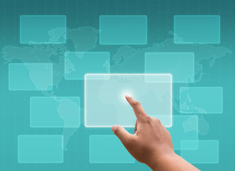 hand pressing social media and virtual touch screen with global communication