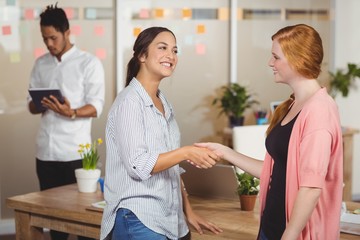 Happy businesswomen shaking hands in office