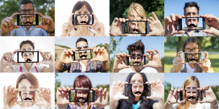 twelve pictures of guys taking a selfie with fake mustache