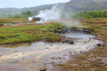 Kleiner Geysir und dampfende Quelle auf Island