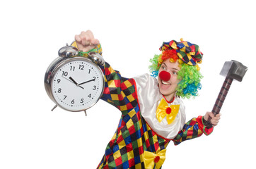 Clown with clock and hammer isolated on white
