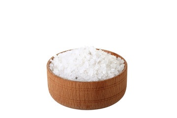 salt in a wooden bowl isolated on white background