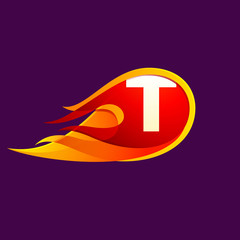 T letter with red fire flames.