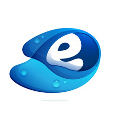 E letter with blue water drops.